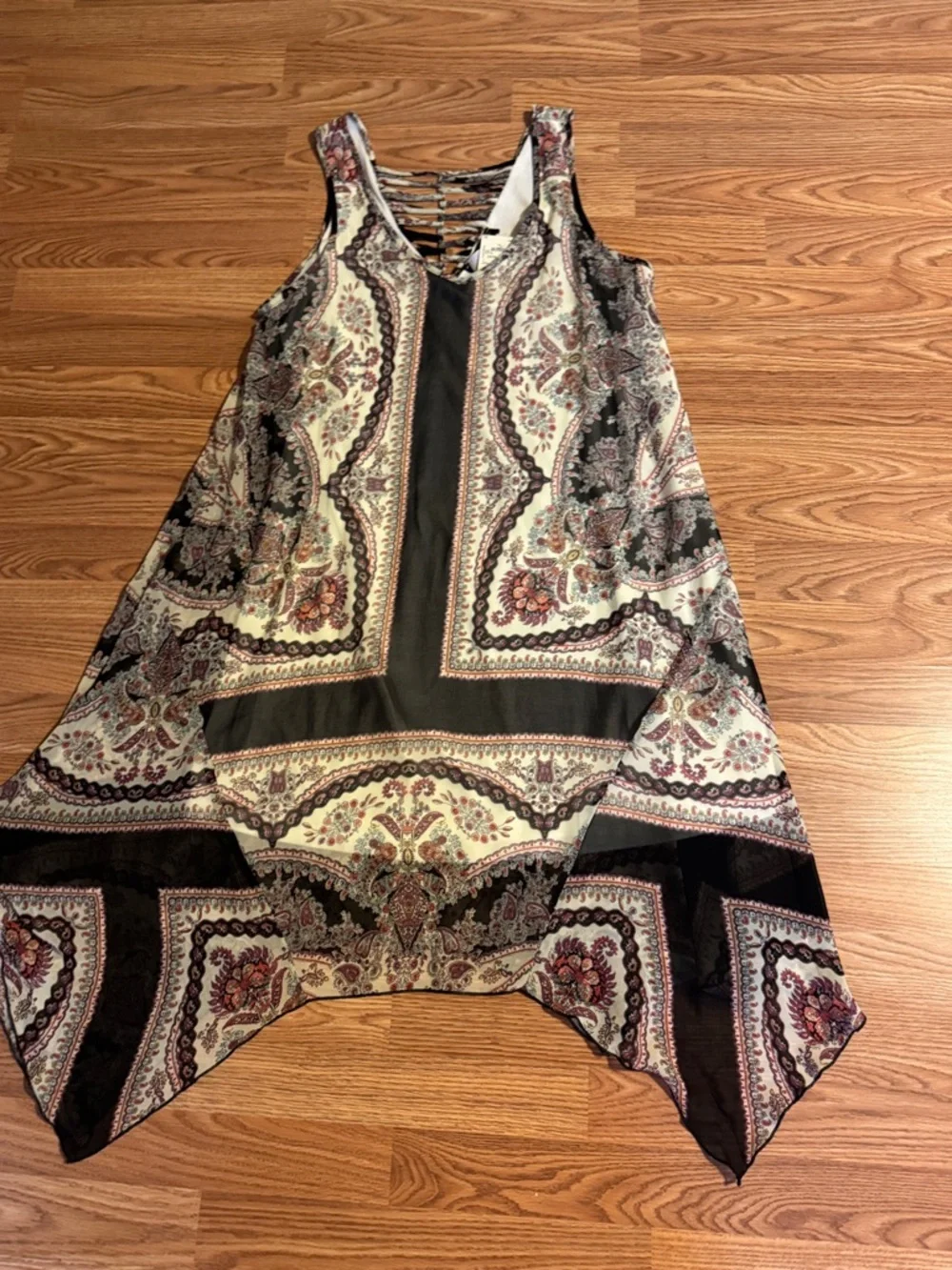Asymmetrical Paisley Tank Dress in Cream and Brown - Picture 10 of 11